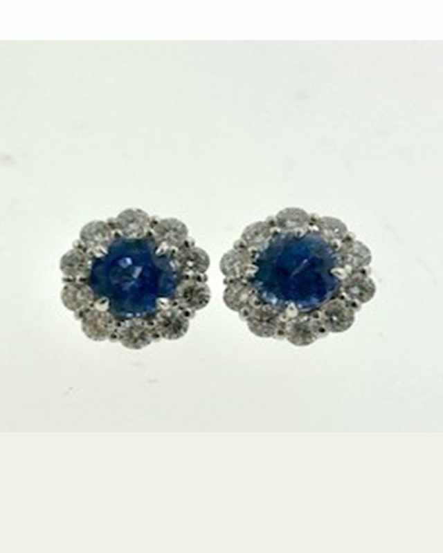 Blue Sapphire Stud Earrings with Diamonds Bezels in 18K Gold